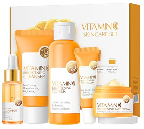 Set de cuidado facial con vitamina C | 5 unids/set crema facial iluminadora hidratante | Sets de regalo navideño para una piel radiante y brillante, ayuda a aliviar las líneas finas, kit de Demaxiyad