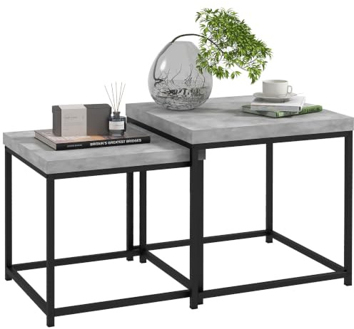 HOMCOM Set di 2 tavolini spesso 3,5 cm, struttura in acciaio, grigio | Tavolini nido quadrati moderni per soggiorno