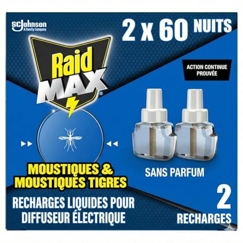 Raid Max Recharges Diffuseur Electrique Liquide - Anti-Moustiques et Moustiques Tigres 60 Nuits - Sans Parfum - 2 Recharges | Recharges liquides anti-moustiques et moustiques tigres, 2 recharges, sans parfum, jusqu’à 60 nuits chacune