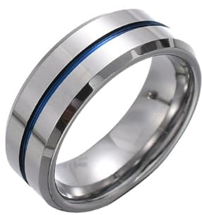 Skcess Ring Herren, Wolfram Stahl Männer Ringe Silber Blau Rille Ringe für Herren Männer Größe 65 (20.7)
