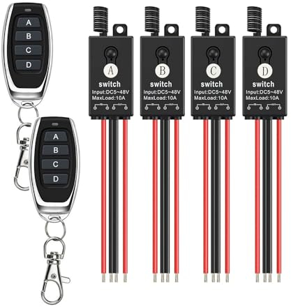 dstfuy 12v funkschalter,4 Kanal Mini Funkschalter mit Fernbedienung,DC 5V/12V/24V/48/10A Wireless Lichtschalter Fernbedienung 328FT Langstrecken,für Motor, LED Licht, drahtloser Sicherheitsalarm.