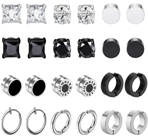 12 Pares Pendientes Magnéticos de Acero Inoxidable Imán Hombre Pendientes Clip Hombre Sin Agujero Pendiente Falsos CZ Magnet Mujer Aro Pendientes Set Plata Negro