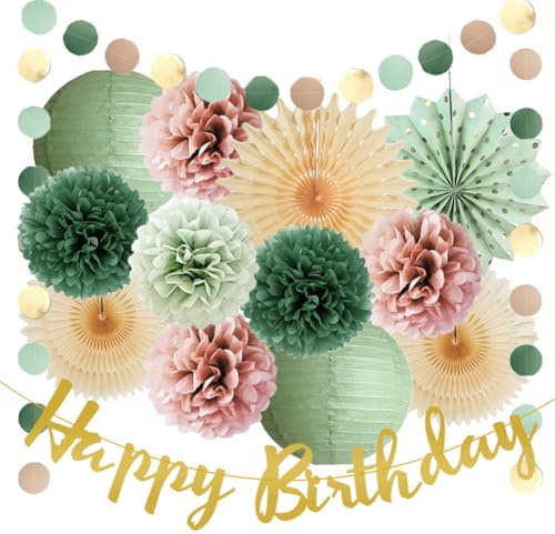 Olive Salbeigrün und Altrosa Geburtstagsdekorationen Mädchen Salbeigrün und Dusty Rose Geburtstagsdekorationen Frauen Beige Papierfächer Blush Pink Pom Poms Laternen Party Decor Kit mit Banner Gold