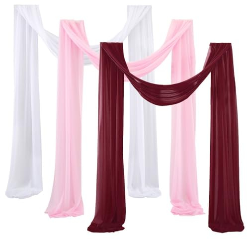 Mateju 3 Paneele Hochzeit Vorhang Hochzeitsbogen Tüll Querbehang Chiffon Stoff Freihanddekofür Himmelbett Gardinen Torbogen Zeremonie Fotografie Party Deko (Weiß+Rosa+Rot,75x1000cm)