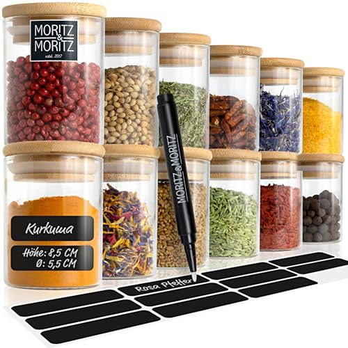 Moritz & Moritz 24 Gewürzgläser Set je 125ml - Gewürzdosen Glas inkl. Tafelsticker & Kreidestift - Luftdichte Gewürzgläser mit Bambusdeckel für Gewürze, Kräuter & Tee
