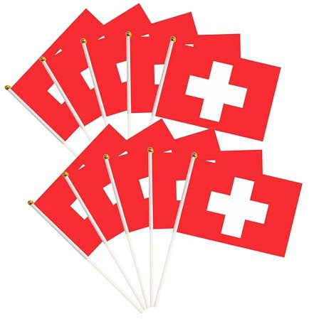 Paquete de 50 banderas suizas de Suiza, pequeñas banderas suizas de mano en palo, banderas nacionales en miniatura, suministros de decoración de fiesta para desfiles, festivales internacionales