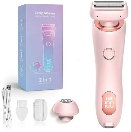 Rasierer Damen Elektrisch,Intimrasierer für Frauen, 2 in 1 Lady Shaver mit LED-Anzeige, Damenrasierer Elektrisch,Bikini Trimmer,Intim Rasierer,Kabelloser UBS Nass/Trocken Epiliere (Rosa)