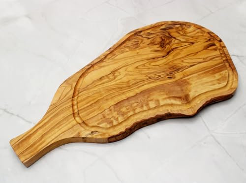 DAGDEG Tabla de cortar de madera de olivo con surco y asa, tabla de carne de olivo, tabla de carne, tabla de desayuno, tabla de madera, tabla de queso, tabla de madera de olivo, aprox. 35-38 cm de