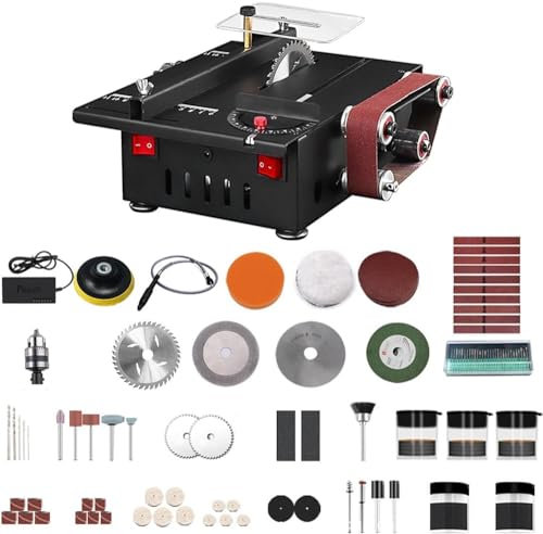 Amoladora, mini sierra de banco y lijadora de banda de 150 W, sierra de mesa circular de velocidad variable, profundidad de corte de 30 mm, lijadora de mesa con 10 correas de lijado for madera, plásti