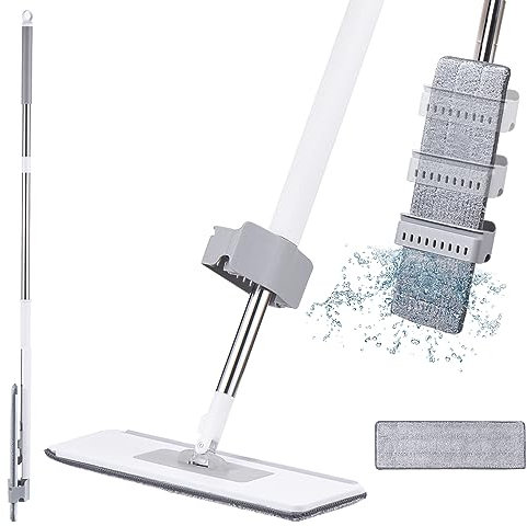 Trapeador de Microfibra para Limpieza de Pisos, Trapeador de Microfibra Autoescurrido 360 Trapeador de Piso Plano Manos Libres y 2 Almohadillas de Trapeador Trapeadores Húmedos,