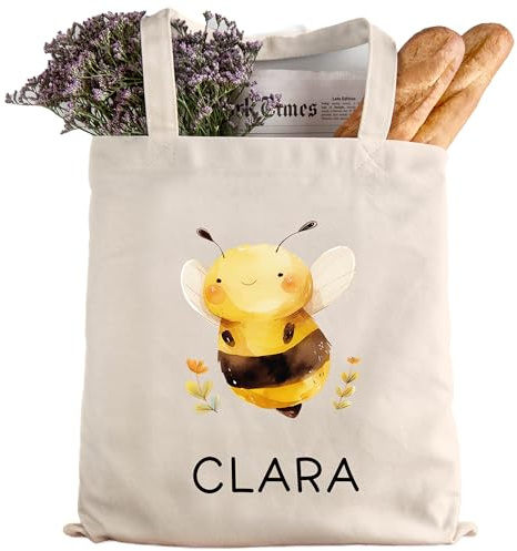 kleinebuchstaben Stofftasche Personalisiert Tasche Kinder-Beutel mit Namen Baumwolltasche Wunschname als Sporttasche, Wechselwäsche, Tragetasche - Kita, Schule & Kindergarten Geburtstag (Biene)