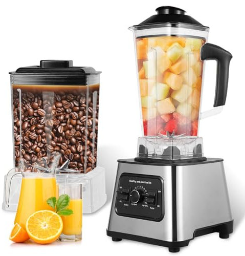 2-En-1 Blender Professionnel 2.5L, 6000W Mixeur Smoothie, Moulin à Café, 9 Vitesses, éLectrique Presse-Agrumes Avec 4 Lames En Acier Inoxydable, Pour Smoothies, Glace PiléE, PuréE, Sauce