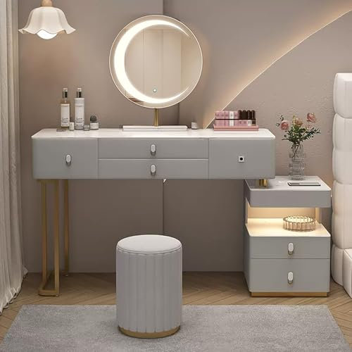 Modernes graues Holz-Make-up-Schminktisch-Set mit Fingerabdruck-Schloss, runder Spiegel, Beistellschrank und Hocker, Steinplatten-Design, für Damenzimmer, 99 cm