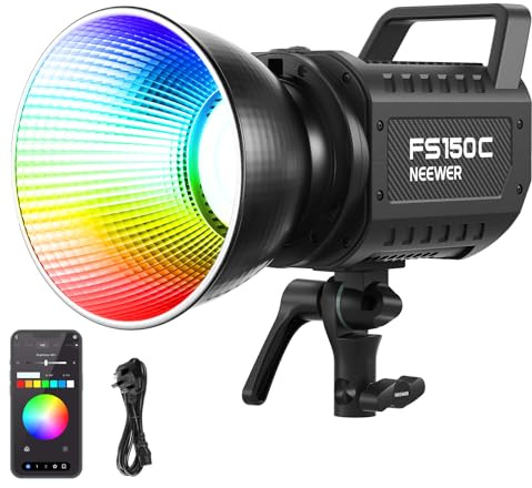 Neewer 130W RGB LED Video Light APP/2.4G Control 17 Effects, 2500-7500K 19800lux/1m COB Continuous Lighting Output with CRI97/TLCI98 4 Dimming Curves, Bowens Mount Spotlight for Studio Shoots, FS150C | 2500-7500K, 19800lux/1m, COB Continuous Lighting Output, CRI97/TLCI98, 4 Dimming Curves, Bowens Mount Spotlight Studio Shoots