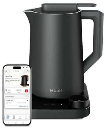 Haier Series 7 Smart Kettle with Temperature Control by 1 degree, LCD Display, 6 Automatic Programs, Keep Warm (up to 12hrs), Stainless Steel, Energy Saving, 1.3L, 3000W [Grey]