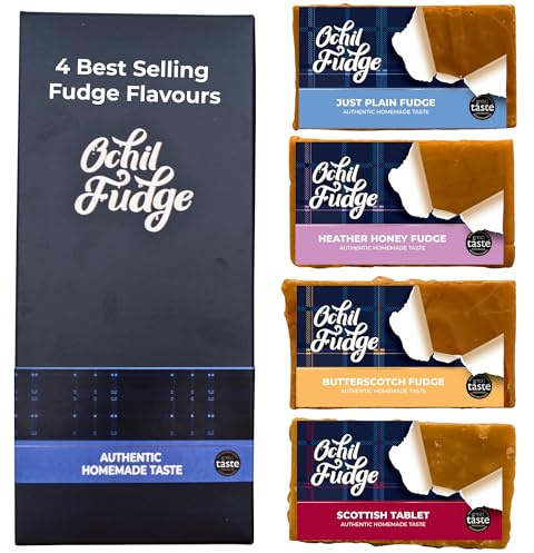 Ochil Fudge Handmade Scottish Fudge & Tablet Gift Box – 4 Flavours: Butter, Butterscotch, Honey & Traditional Tablet | Gluten-Free, Vegetarian, Small Batch, Made in Scotland – 4 × 100g