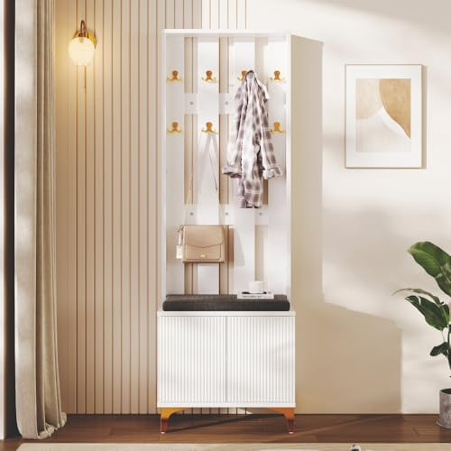 OCACA Garderobenständer Garderobenset mit Schuhbank und Kissen, Garderobenfront mit 8 Haken Stabil, für Eingangsbereich, Wohnzimmer, Schlafzimmer (Weiß)