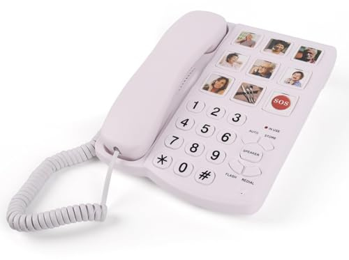 Telefon mit großen Tasten für Senioren, Festnetztelefon mit großen Tasten für Ältere, Robustes Telefon mit Einstellbare Lautstärke und 3 EIN-Tasten-Wählfunktionen für zu Hause (9 Bilder, Weiß)