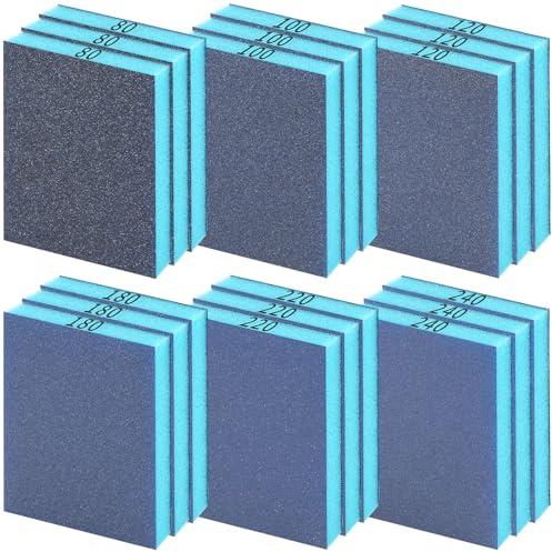 Akamino 18 Pcs Sanding Sponge Set, 80/100/120/180/220/240 Grits Wet Dry Reusable Sanding Block, Foam Filled Flexible Sandpaper Block For Metal Wood Plastic, Drywall Furniture Polishing (Blue)