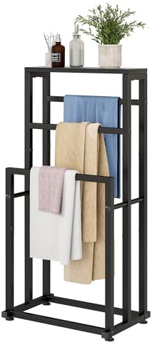 VERFARM Porte-Serviettes Autonome pour Salle de Bain, 3 Niveaux en métal, Support d'échelle, séchage et présentoir avec étagère pour Chambre à Coucher, Salon, Noir