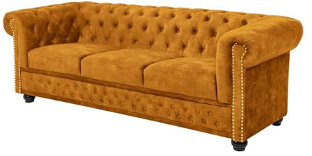 Riess Ambiente Barock Sofa Chesterfield 205cm - senfgelb - Samt Federkern Knopfheftung 3-Sitzer-Couch Wohnzimmer Retro