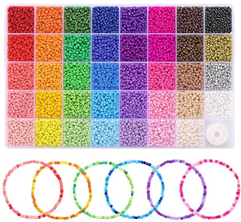 Voarge 9 600 stycken glaspärlor för gängning 3 mm 39 färger rocailles pärlor färgglada pysselpärlor smyckespärlor med elastiskt snöre