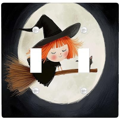 Spooky Halloween Witch Cats Decorative Light Switch Cover Wall Plate 2 Gang Double Toggle, Cartoon Broom Moons Electrical Faceplate for Kitchen Bathroom, Witchy Switchcover Decor