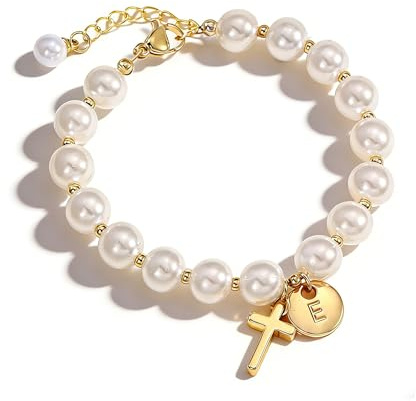 Drogomen Cross Initial Bracelets for Women, Dainty Cross Pearl Beaded Letter E Charm Bracelet Trendy Religious Faith Jewelry Baptism First Communion Confirmation Easter Gifts for Christian Women (E)