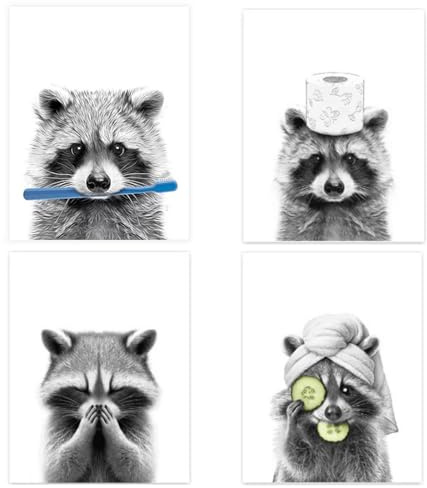 ChAusa Waschbär Handtuch Badezimmers Wandbild, Badezimmer deko | 20x30cm Tierkunst Leinwandbild Poster, für Badezimmer, Gäste-WC oder Wellnessbereich-ohne Rahmen Kinderzimmer