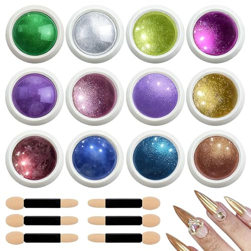 12 Gläser Chrome Glitter Nagel Powder Set - Chrom Puder für Spiegel Nägel, Hochwertiges Crome Nail Pulver, Grosse Kapazität Glitzer Nagelkunst Powder, Metallic Nagelpuder - für DIY Frauen Nailart