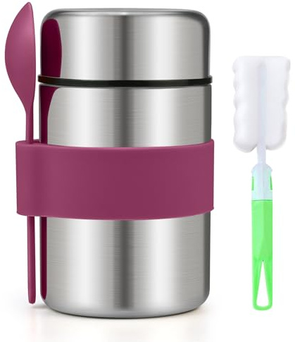 Thermal Food Flasks - 400ml Stainless Steel Vacuum Insulated Food Container with Spoon & Brush Food Jars for Hot/Cool Food Double Soup Flask Leak Proof Thermo Lunchbox for Meals, Soup, Fruit - Purple