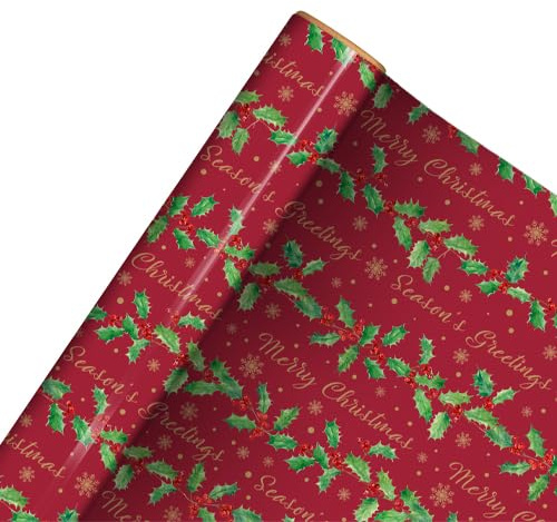 Traditional Holly Christmas Recyclable Burgundy Gift Wrapping Paper Roll 7m – Eco-Friendly Festive Present Wrap