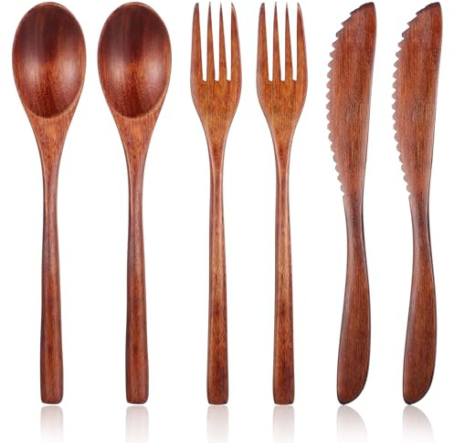 DOPENSPI 6 teiliges Holzbesteck zum Essen, Nanmu Holzgeschirr, wiederverwendbare Holzlöffel, Gabeln, Schaber, Holzbesteck-Set, Besteck-Set für den täglichen Gebrauch, Familie, Zuhause, Reisen, Camping