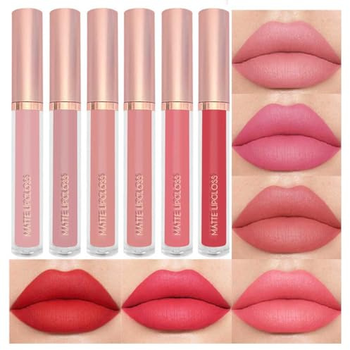 BestLand 6PCS Nude & Coral Liquid Lipstick Set, Matte Lip Gloss Long Lasting Waterproof, Lightweight Full Coverage Lip Color Collection with Nude Rose Peachy Coral Bright Red Shades for Daily Makeup