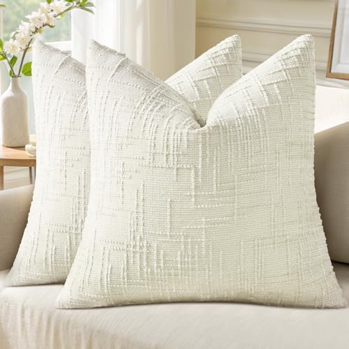 Homaxy Chenille Throw Cushion Covers 45x45cm Pack of 2 Thick Textured Slubby Couch Pillow Covers Modern Neutral Decorative Soft Cozy Pillow Cases for Bed Sofa Living Room, Cream White