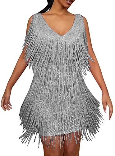 Vestido corto de baile con flecos y lentejuelas para mujer, sin mangas, cuello en V, para graduación, carnaval, club, fiesta, baile latino, vestido corto