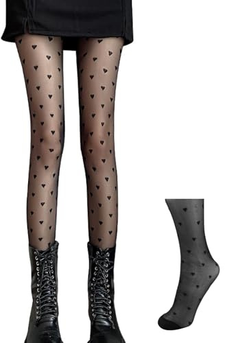 leruiyezs Kvinnors hjärta strumpbyxor svart hjärta mönster fantasi nylon stretch en storlek andas strumpbyxor dam för dagligt slitage fest mode, strumpbyxor dam fantasimönster