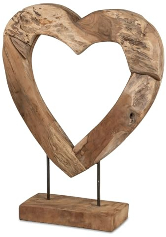 formano Deko Objekt Herz Holz Skulptur aus massivem Teakholz 50 cm auf Standfuß, modernes Wohnaccessoire mit Herzform für Sideboard, Regal & Büro