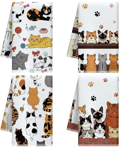 CUTHOLLOW 4er-Set Katze und Pfote mit Herz Geschirrtücher mit | Weich & Saugfähig Deko Trockentuch Microfaser für Küche Tee, Kaffee, Bar, Zuhause, Bestes Geschenk zur Einweihung, Geburtstag