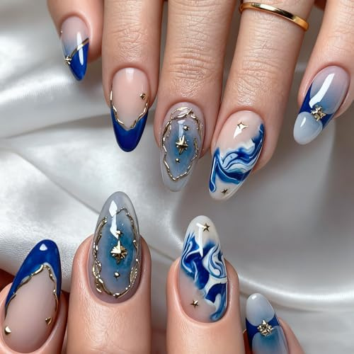 24 Stück French Mittel Mandel Press on Nail - Kunstnägel zum aufkleben Blue Wave Pattern, Metal edge Design mit Jelly Gel, Wiederverwendbar Full Cover fingernägel - Geeignet DIY Nageldesign für Frauen