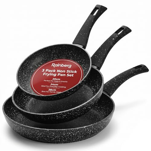 Rainberg 3 Pack Non Stick Frying Pan Set, Granite Coating, Non Toxic PFOA Free, Induction Gas Electric Hobs Compatible, Anti Scratch Omelette Pan, 20cm,24cm & 28cm Cookware Frying Pans Set (Black)