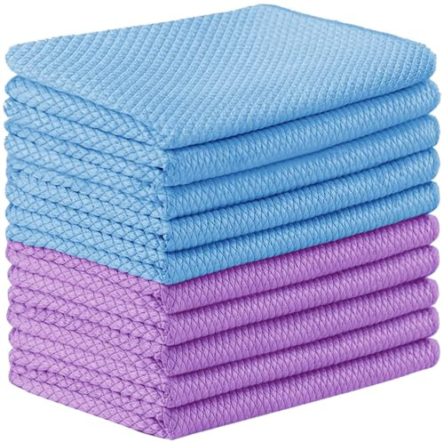 HIDMD Microfibre Cleaning Cloths Fish Scale Microfiber Lint free Towels Polishing Dishes Glasses Car Windows Mirrors Screen TV Tablets Camera 30CM X 30CM 10 PACK Purple+Blue
