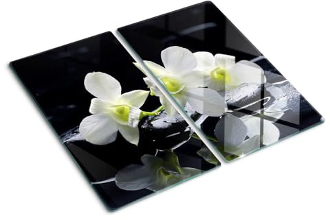 Glasschneidebrett 2x30x52 cm Gehärtetes Glas Hitzebeständig Lebensmittelecht Antibakteriell für die Küche Dekorativ Rutschfest Silikonfüße Plastikfrei 2 Stück Glasplatte - Orchidee