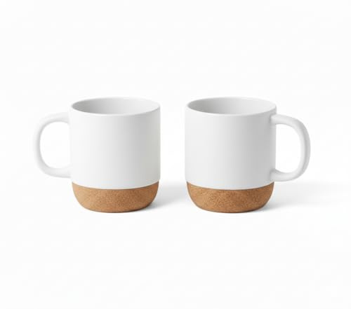 FUN FAN LINE Set mit 2 Großen Keramiktassen mit Korkboden - Weiß | Moderne Hohe Tassen mit Korkboden für Zuhause und Büro