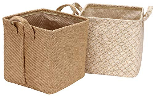 Sea Team Storage Baskets Organizer Box Bins in Jute and Cotton Linen Foldable with Decorative Handle for Home Toiletry Stationery Sundries Toys Jewerly Beige 26 x 26 x 26 cm, 2 Pack