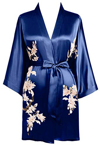 BABEYOND Morgonrock för kvinnor, blommor, tryckt sommarmorgonrock, kimono, kort, rock, lätt, sovrock, damer, satin, strandklänning, Marinblå, one size