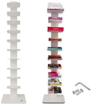 Flo.mar - Libreria a colonna verticale Bianca, Libreria Sospesa, Scaffale verticale altezza 153 cm 10 ripiani, Design da terra