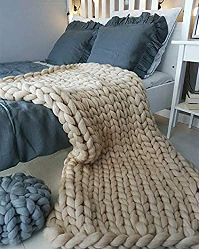 Riyueyi Gestrickte Decke Grob Kuscheldecke Grobe Strickdecke Wolle Garn Super große handgewebte Decke Haustier Bett Stuhl Sofa,Khaki,180x200cm/70x78in