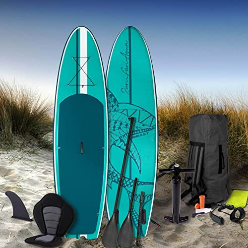 BRAST SUP Board Shark | Aufblasbares Stand up Paddle Set | 320x81x15cm | 8 Designs | 5 Jahre Garantie | inkl. Sonderzubehör | 2in1 Paddel Kajak-Sitz Action-Cam-Halterung Fußschlaufe Pumpe Rucksack