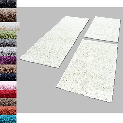 Carpettex Bettumrandung Schlafzimmer 3teilig Shaggy Teppich Hochflor Einfarbig Creme Bettset:2 mal 80x150 + 1 mal 100x200 - Bettvorleger Schlafzimmer Läuferset Weicher Flauschig Bettumrandung Teppich